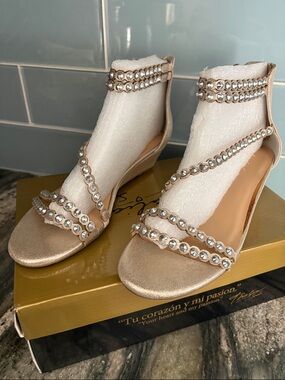 Thalia Sodi Gold Crystal-Strap Wedge Sandals